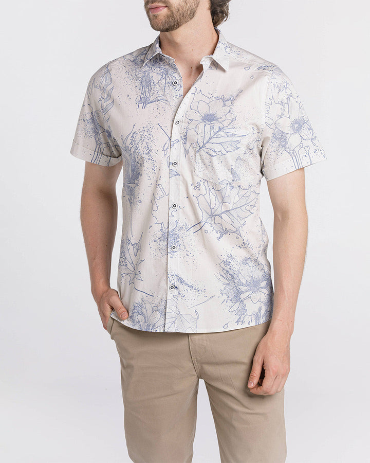 Camisa  Spiritual de Hombre Slim Fit, Manga Corta, Mini Print Hojas  Ref CS9001-BLANCA