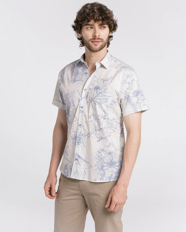 Camisa  Spiritual de Hombre Slim Fit, Manga Corta, Mini Print Hojas  Ref CS9001-BLANCA
