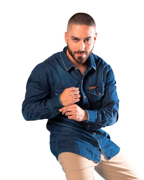 Camisa Spiritual en Índigo Con Desgaste  Slim Fit Ref CS6009